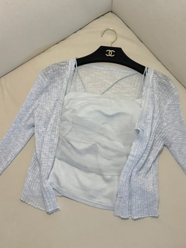 リブシフォンコンビスクエアネックVネックメロウクロップドスリム長袖ギャザー無地カーディガンキャミソールアンサンブル | 詳細画像9