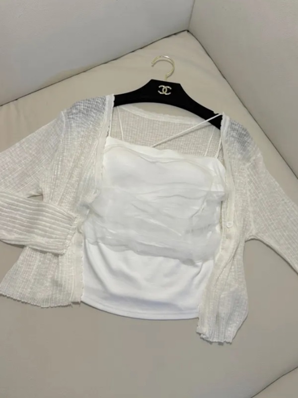 リブシフォンコンビスクエアネックVネックメロウクロップドスリム長袖ギャザー無地カーディガンキャミソールアンサンブル | 詳細画像10