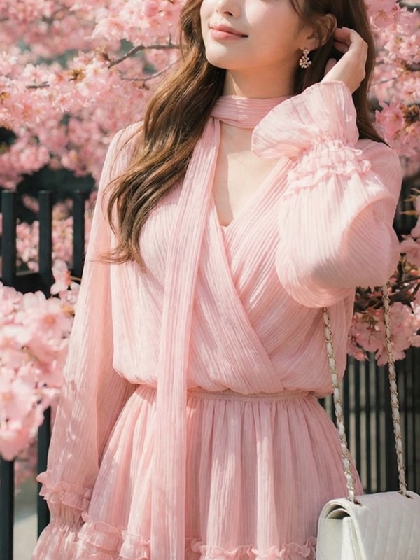 シフォンVネックフリルラップリンクルウエストゴムパフスリーブ長袖フレアAラインミニワンピースキャミソールセットストラップ付 | 詳細画像2