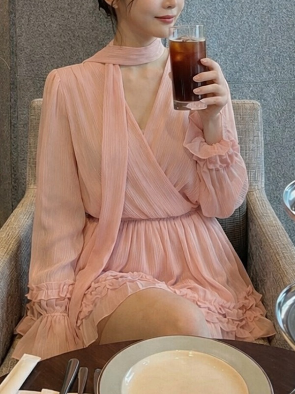 シフォンVネックフリルラップリンクルウエストゴムパフスリーブ長袖フレアAラインミニワンピースキャミソールセットストラップ付 | 詳細画像3