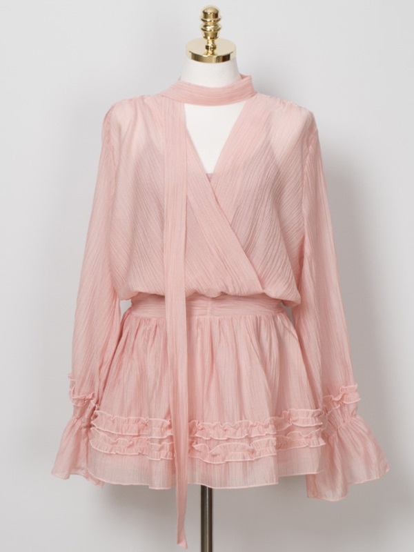 シフォンVネックフリルラップリンクルウエストゴムパフスリーブ長袖フレアAラインミニワンピースキャミソールセットストラップ付 | 詳細画像5