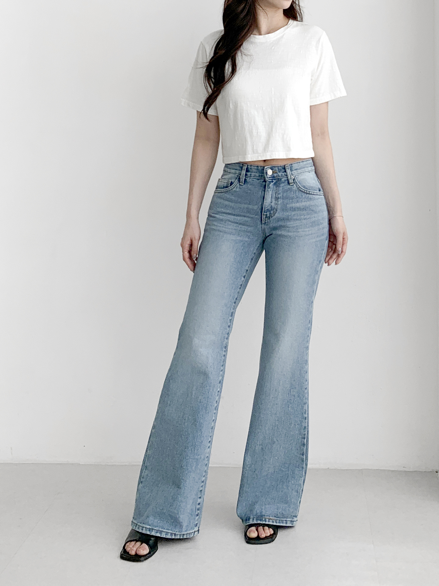 デニムジップアップバックルウォッシングポケットローライズスリムループバックポケットブーツカットライトブルーデニムパンツ | 詳細画像7