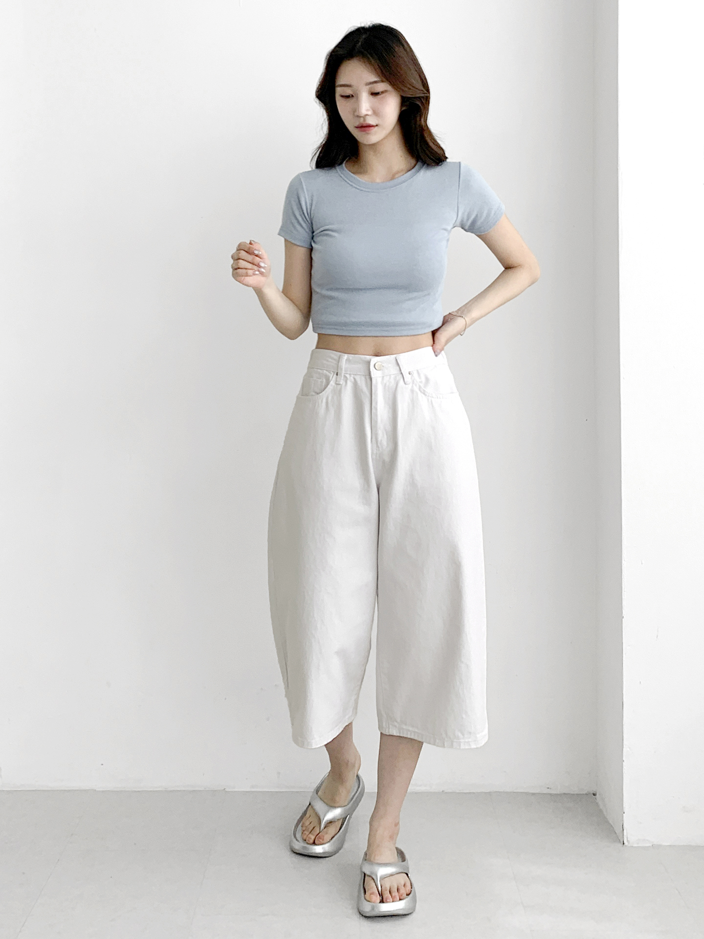 コットンジップアップバックルポケットバックゴムワイドループバックポケット七分丈無地パンツ | 詳細画像2