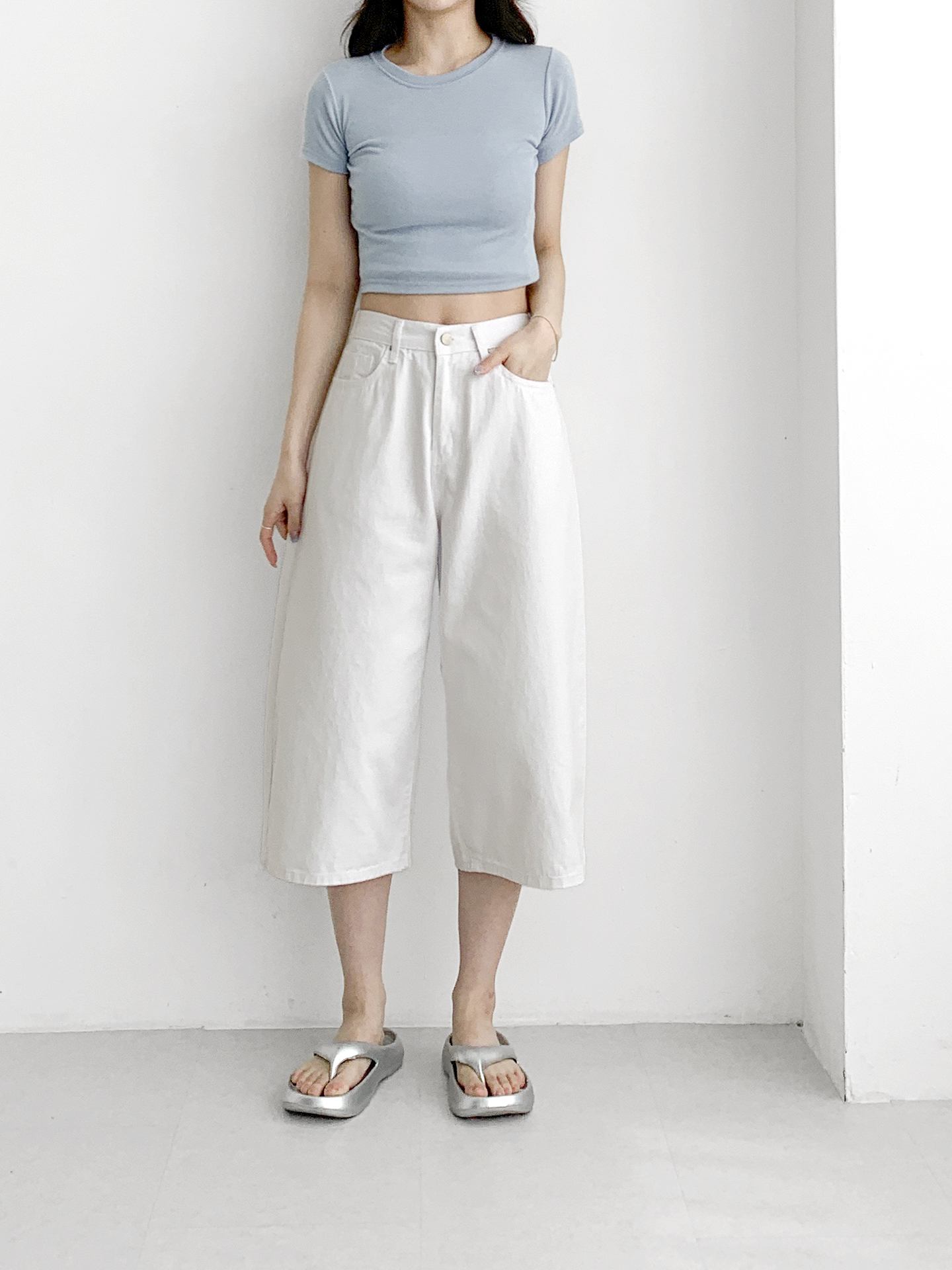 コットンジップアップバックルポケットバックゴムワイドループバックポケット七分丈無地パンツ | 詳細画像5