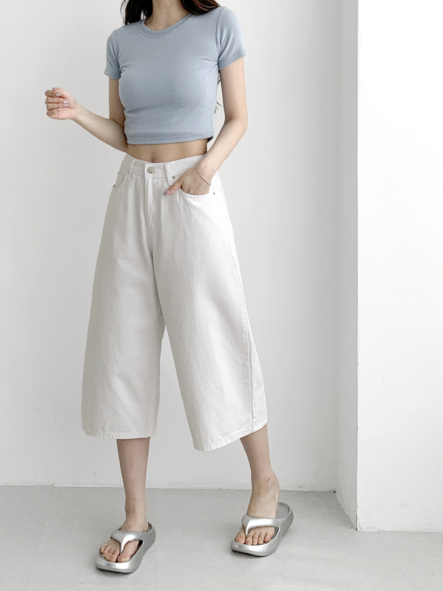 コットンジップアップバックルポケットバックゴムワイドループバックポケット七分丈無地パンツ | 詳細画像6