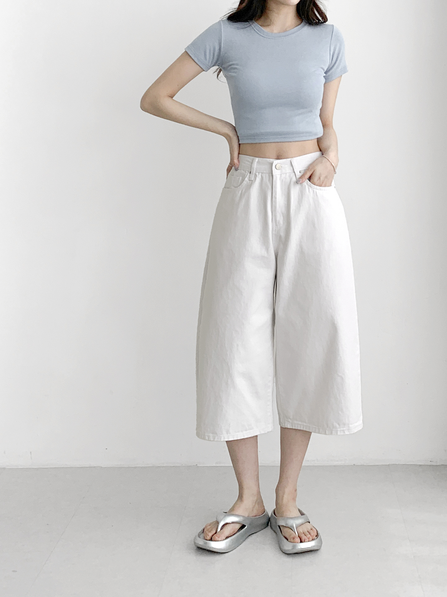 コットンジップアップバックルポケットバックゴムワイドループバックポケット七分丈無地パンツ | 詳細画像8