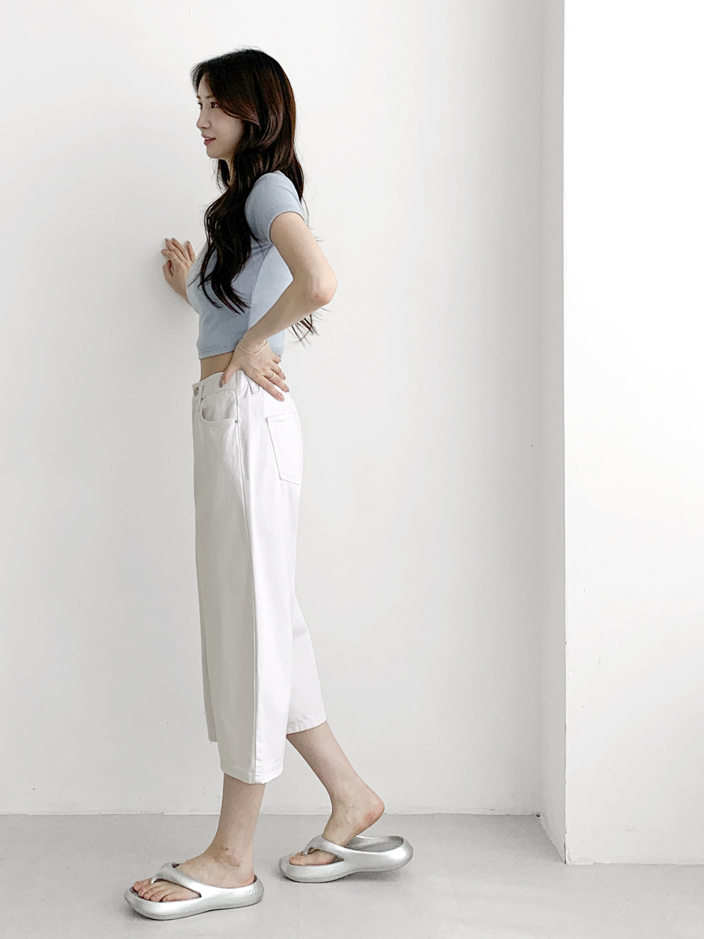 コットンジップアップバックルポケットバックゴムワイドループバックポケット七分丈無地パンツ | 詳細画像9
