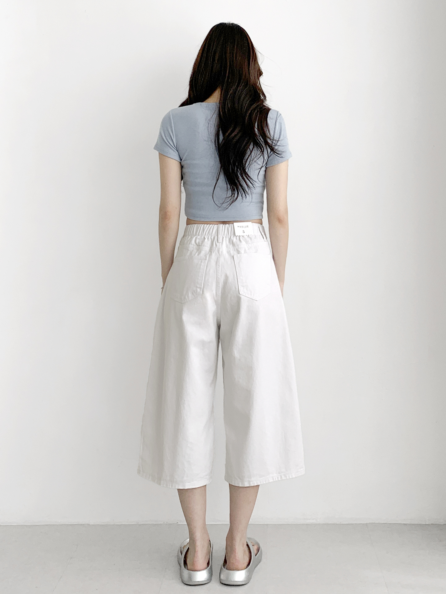 コットンジップアップバックルポケットバックゴムワイドループバックポケット七分丈無地パンツ | 詳細画像10