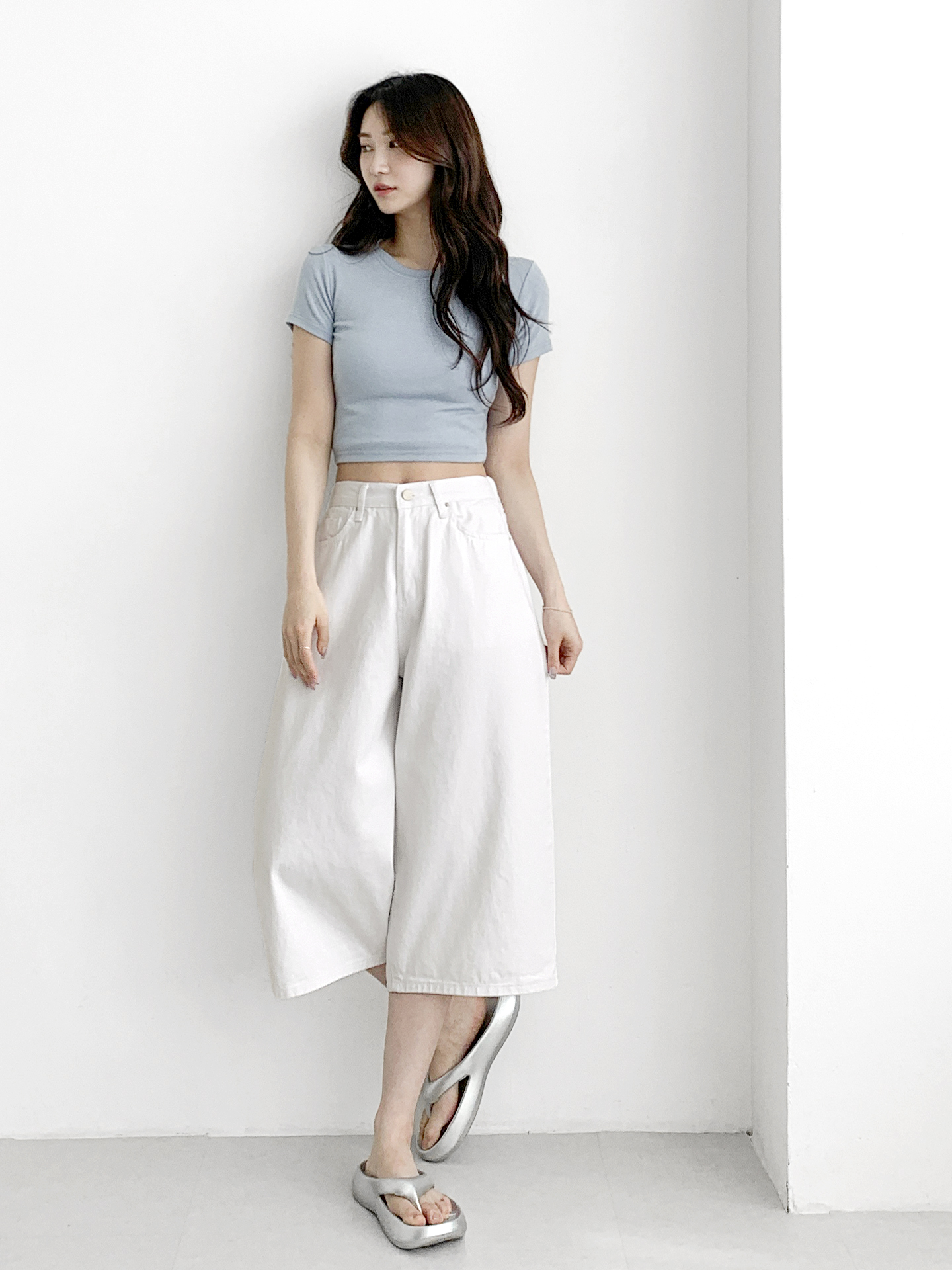 コットンジップアップバックルポケットバックゴムワイドループバックポケット七分丈無地パンツ | 詳細画像11