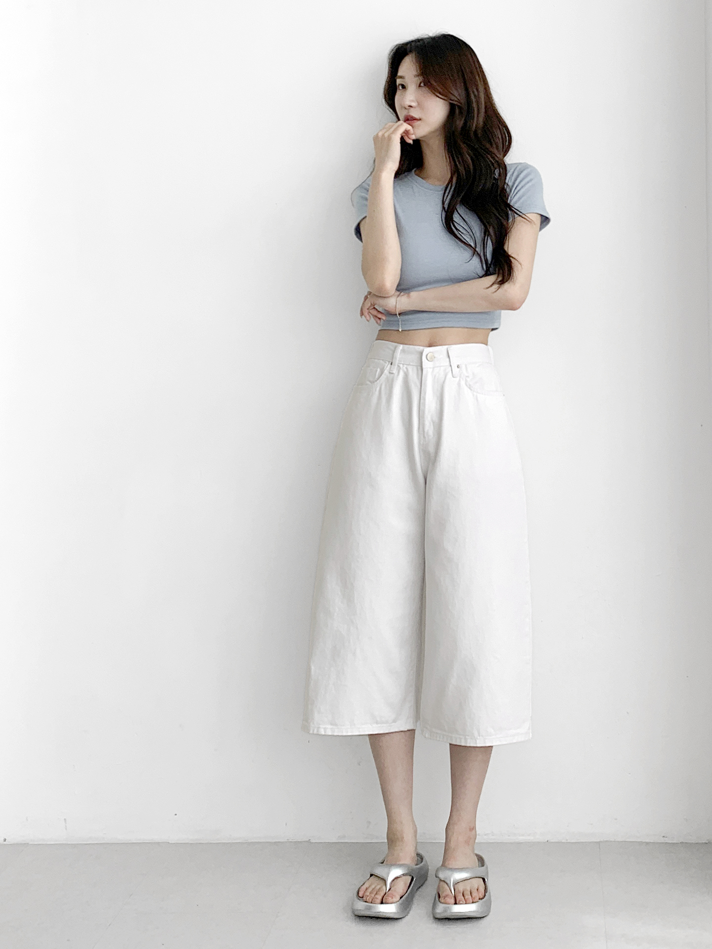 コットンジップアップバックルポケットバックゴムワイドループバックポケット七分丈無地パンツ | 詳細画像7