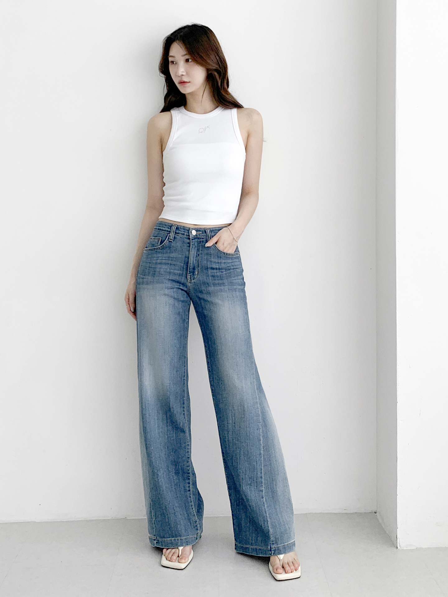 デニムジップアップバックルウォッシングポケットリベットワイドループバックポケットライトブルーディープブルーデニムパンツ | 詳細画像2