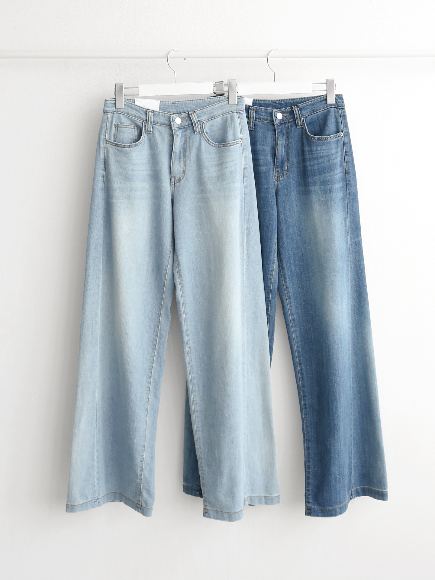 デニムジップアップバックルウォッシングポケットリベットワイドループバックポケットライトブルーディープブルーデニムパンツ | 詳細画像12