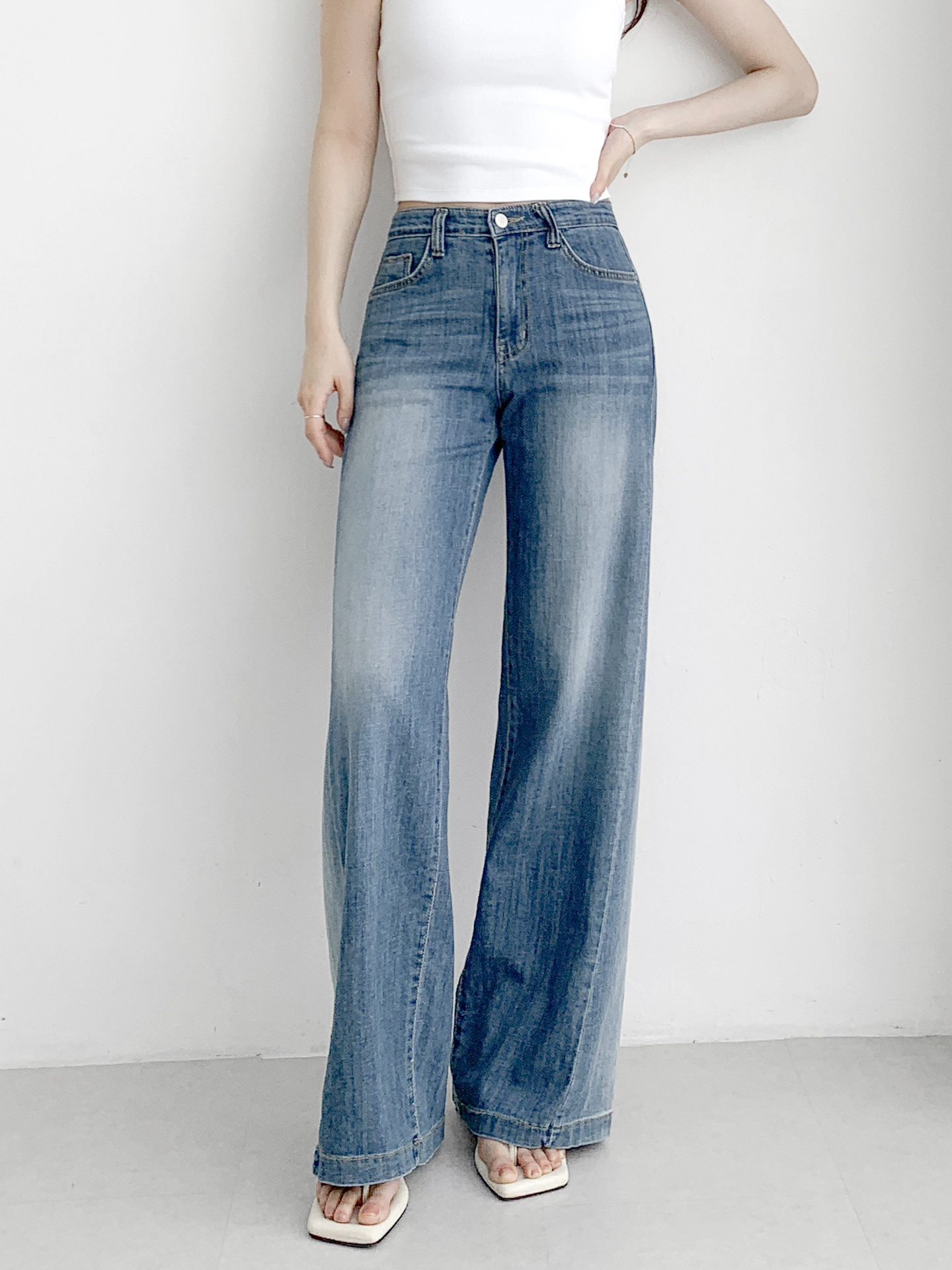 デニムジップアップバックルウォッシングポケットリベットワイドループバックポケットライトブルーディープブルーデニムパンツ | 詳細画像11