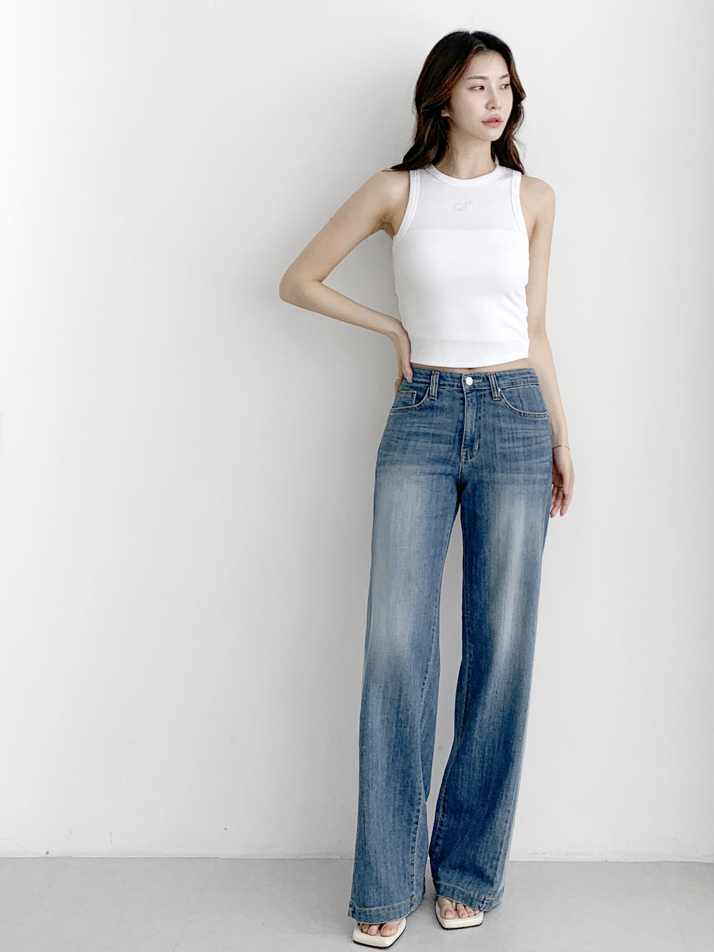 デニムジップアップバックルウォッシングポケットリベットワイドループバックポケットライトブルーディープブルーデニムパンツ | 詳細画像8