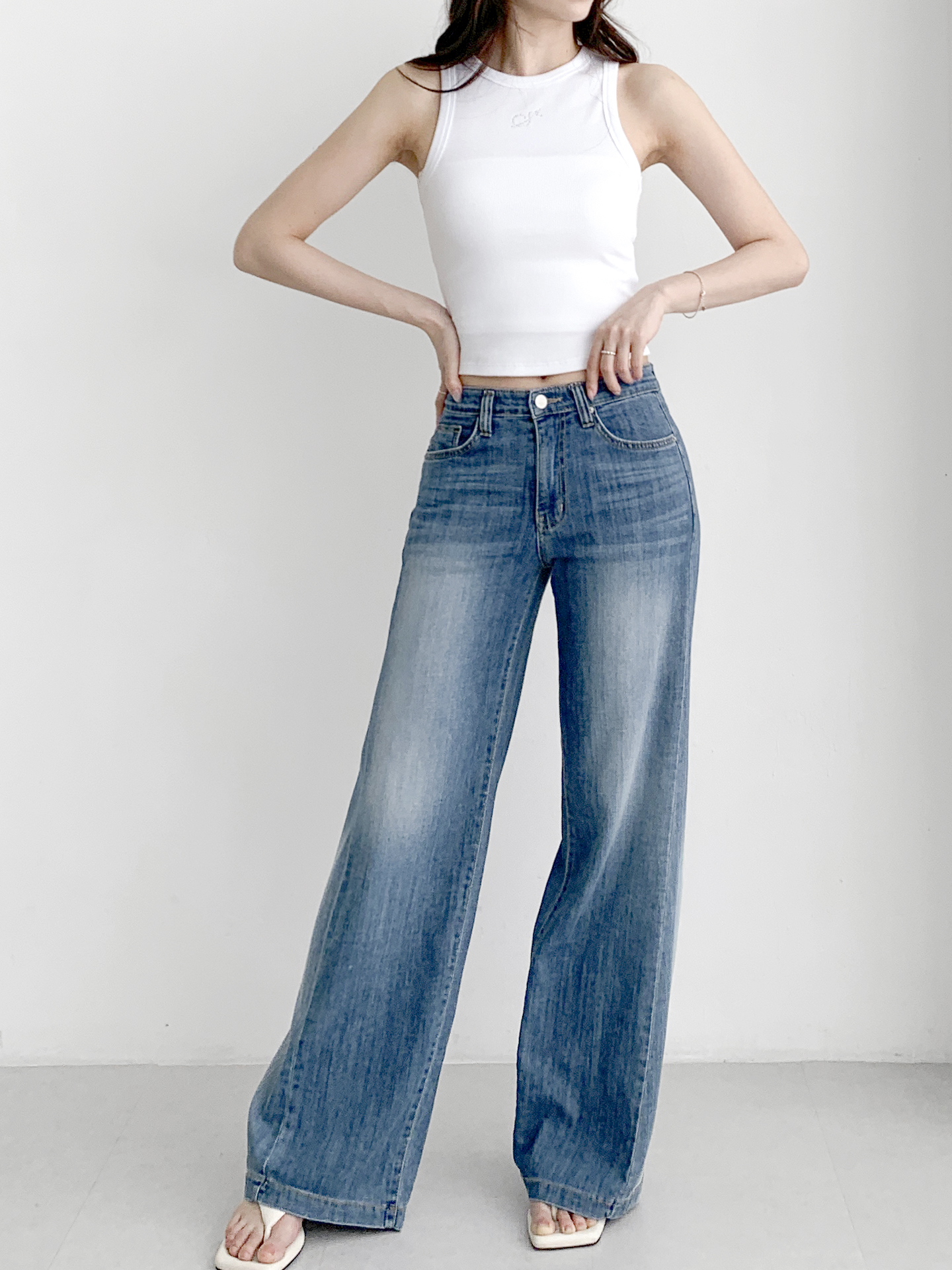 デニムジップアップバックルウォッシングポケットリベットワイドループバックポケットライトブルーディープブルーデニムパンツ | 詳細画像7