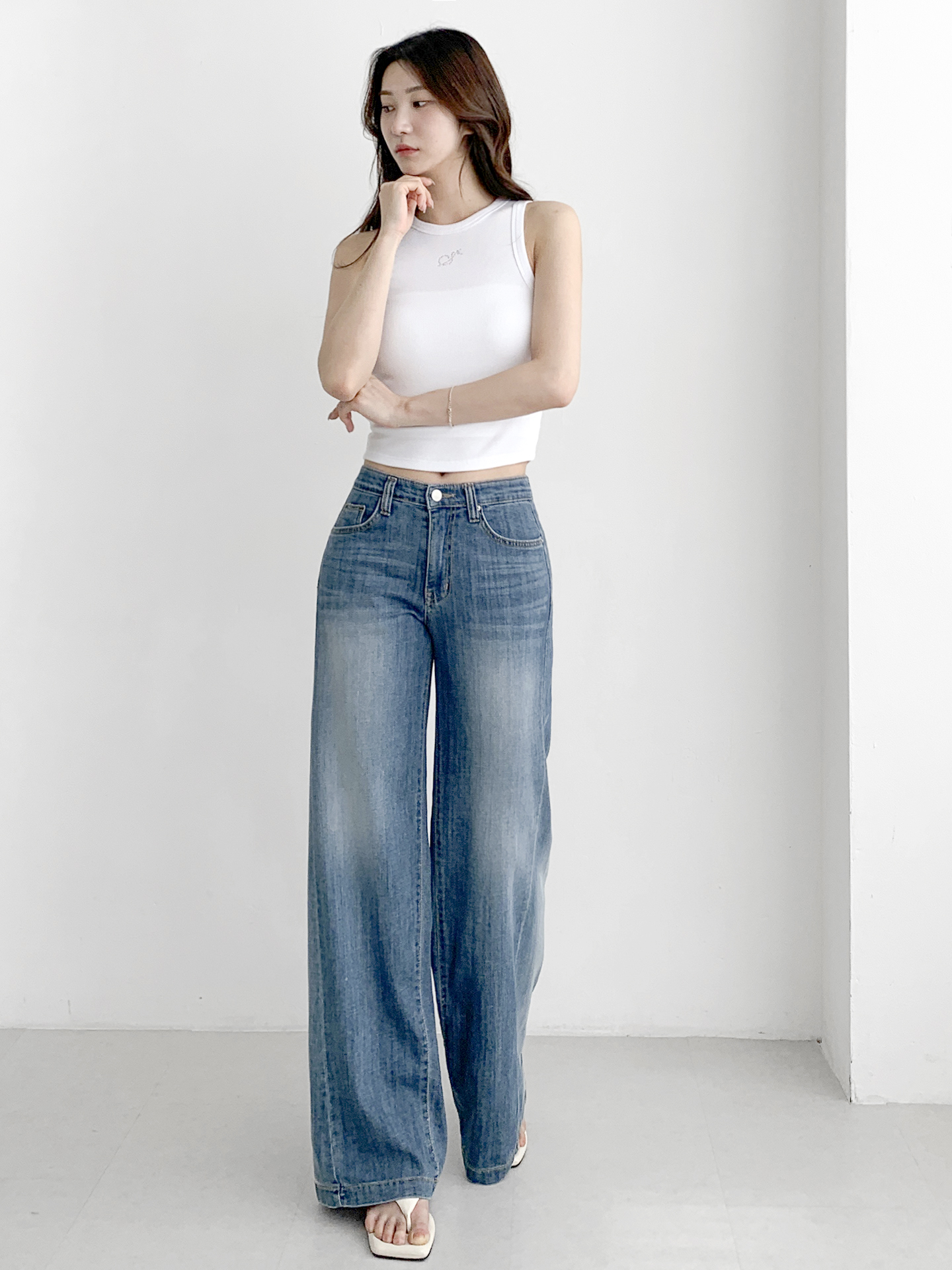 デニムジップアップバックルウォッシングポケットリベットワイドループバックポケットライトブルーディープブルーデニムパンツ | 詳細画像6