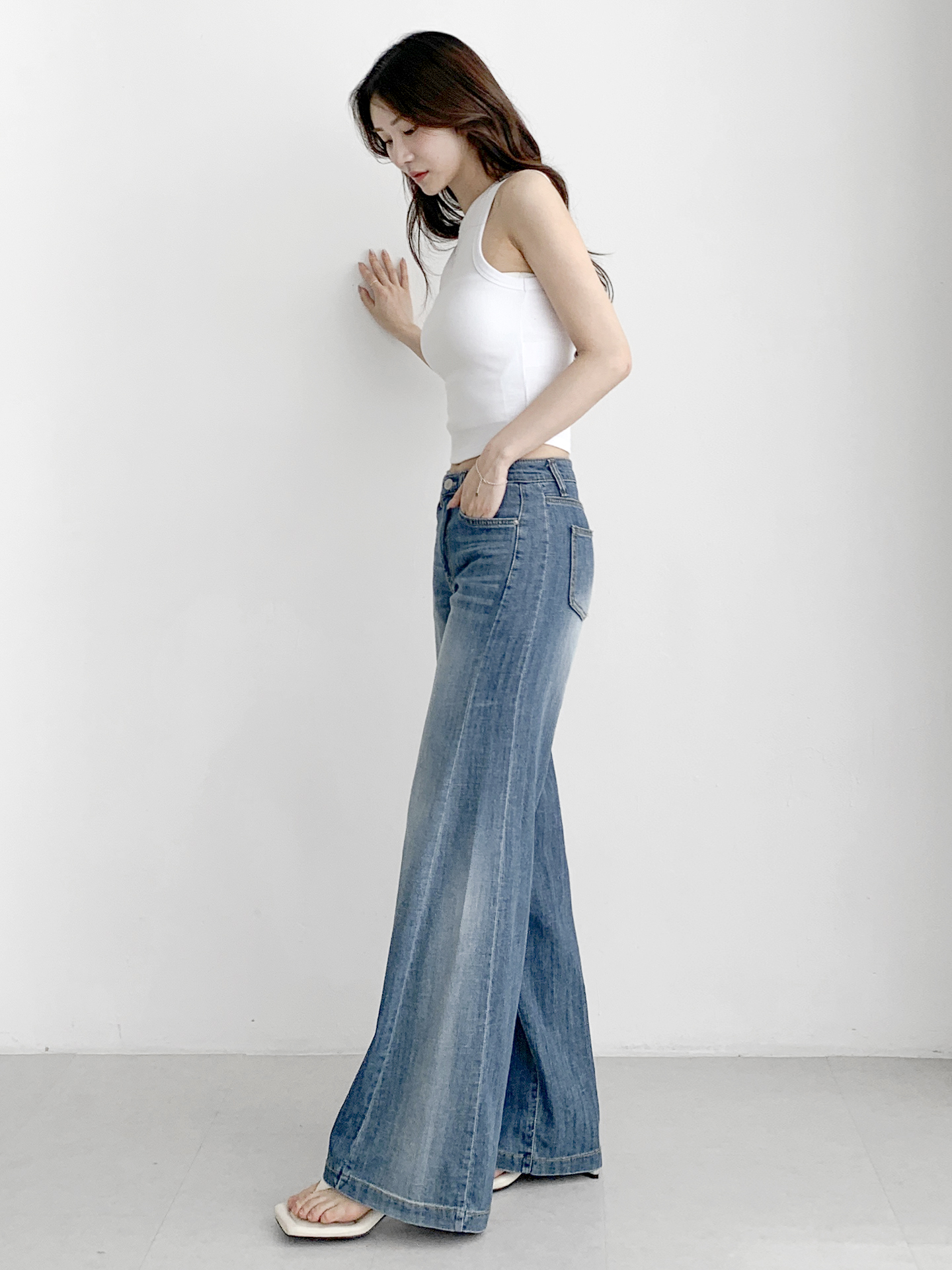 デニムジップアップバックルウォッシングポケットリベットワイドループバックポケットライトブルーディープブルーデニムパンツ | 詳細画像9