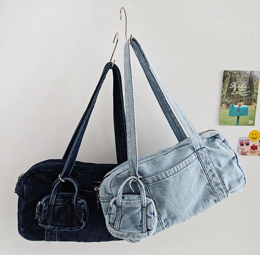 デニムジップアップポケットライトブルーディープブルートートバッグポーチ付 | 詳細画像5