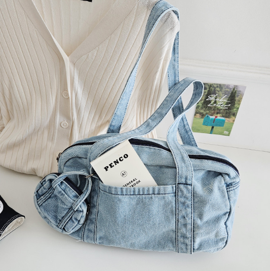 デニムジップアップポケットライトブルーディープブルートートバッグポーチ付 | 詳細画像6