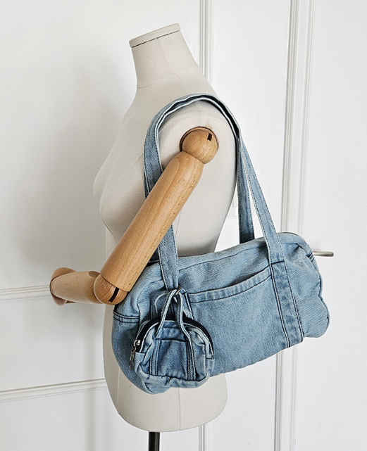 デニムジップアップポケットライトブルーディープブルートートバッグポーチ付 | 詳細画像2