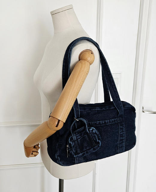 デニムジップアップポケットライトブルーディープブルートートバッグポーチ付 | 詳細画像3