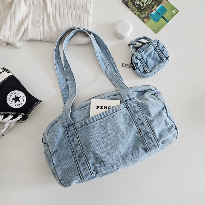 デニムジップアップポケットライトブルーディープブルートートバッグポーチ付 | 詳細画像7