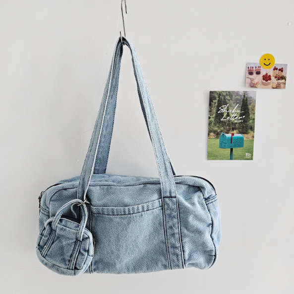 デニムジップアップポケットライトブルーディープブルートートバッグポーチ付 | 詳細画像8