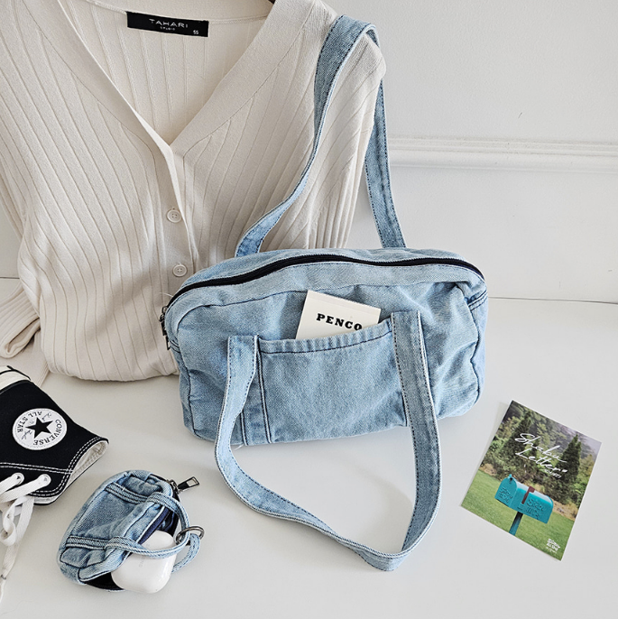 デニムジップアップポケットライトブルーディープブルートートバッグポーチ付 | 詳細画像9