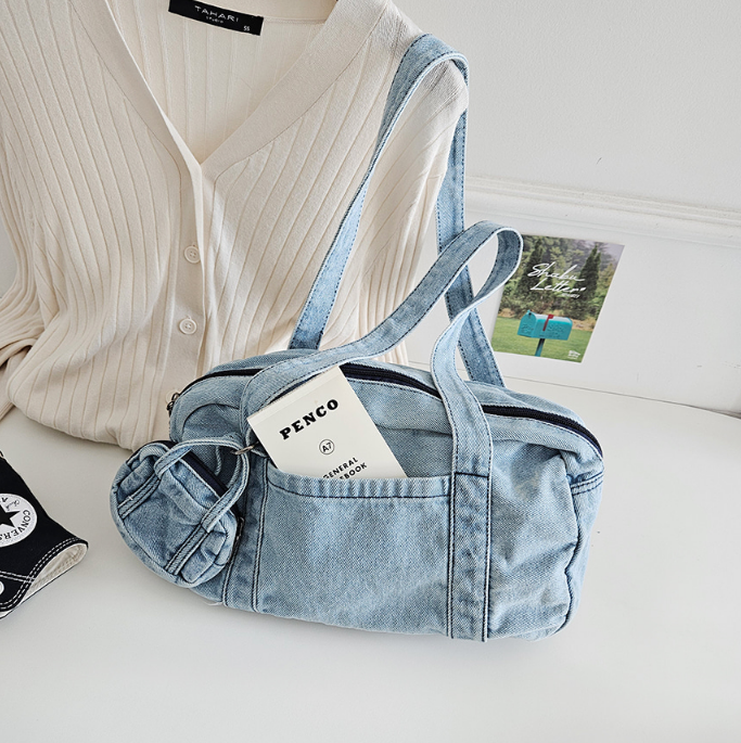 デニムジップアップポケットライトブルーディープブルートートバッグポーチ付 | 詳細画像10