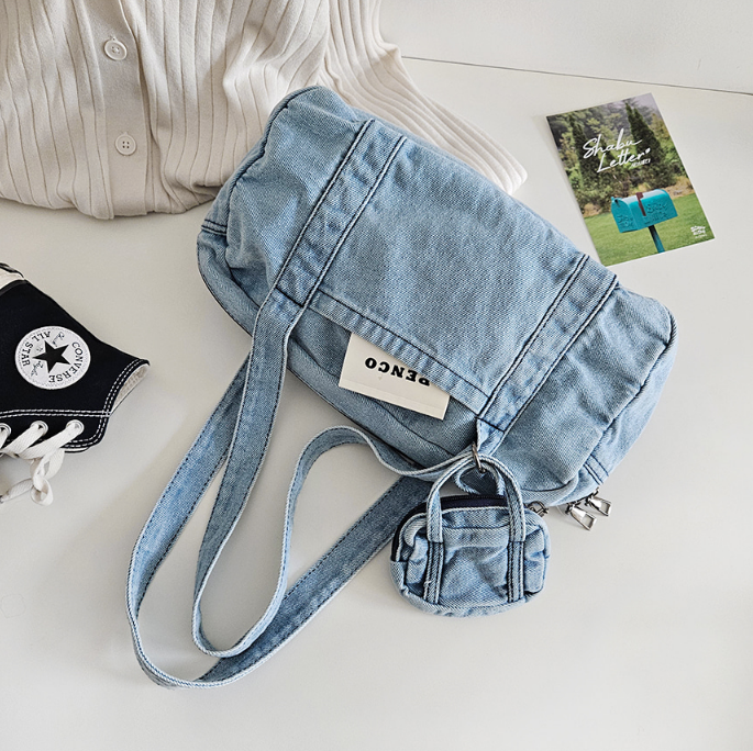 デニムジップアップポケットライトブルーディープブルートートバッグポーチ付 | 詳細画像11