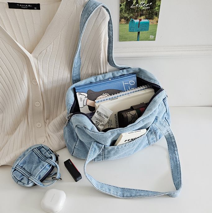 デニムジップアップポケットライトブルーディープブルートートバッグポーチ付 | 詳細画像12