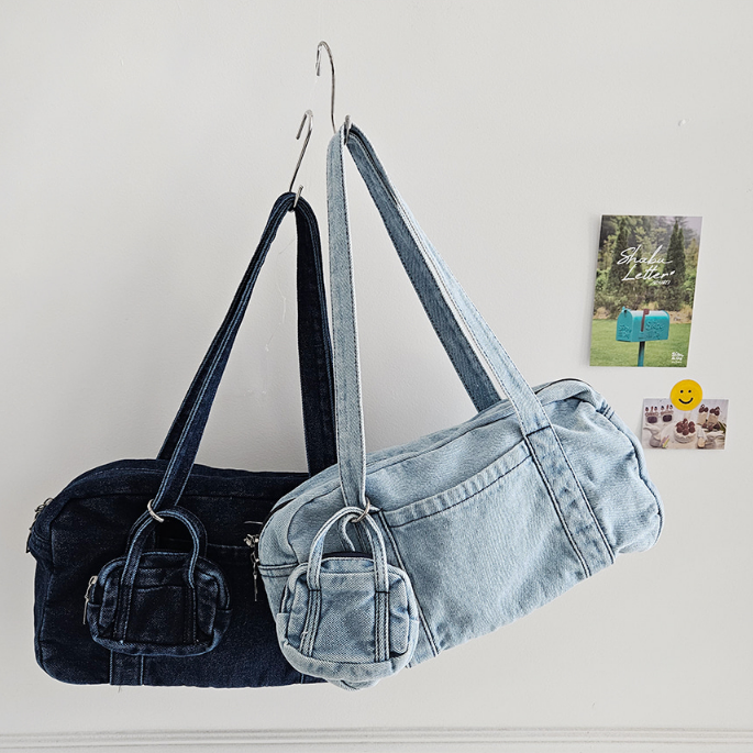 デニムジップアップポケットライトブルーディープブルートートバッグポーチ付 | 詳細画像14