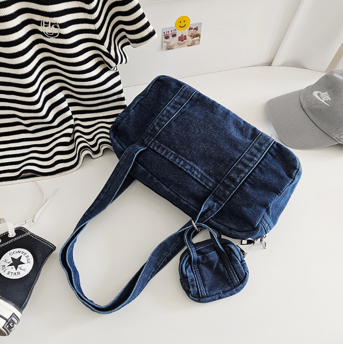 デニムジップアップポケットライトブルーディープブルートートバッグポーチ付 | 詳細画像16