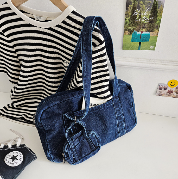 デニムジップアップポケットライトブルーディープブルートートバッグポーチ付 | 詳細画像19