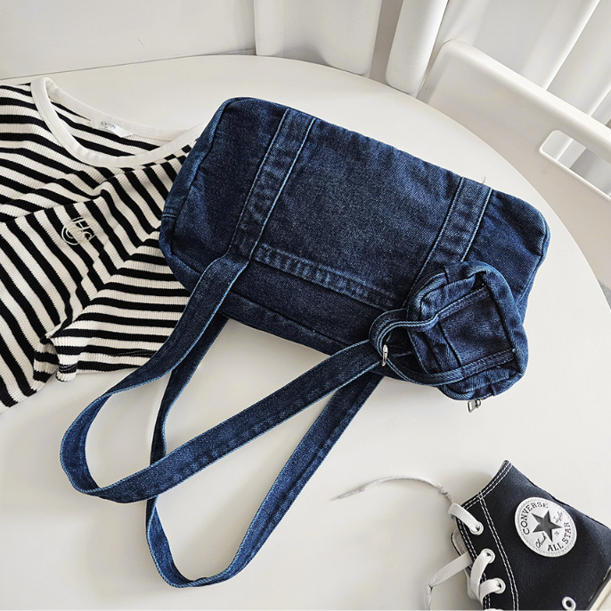 デニムジップアップポケットライトブルーディープブルートートバッグポーチ付 | 詳細画像20