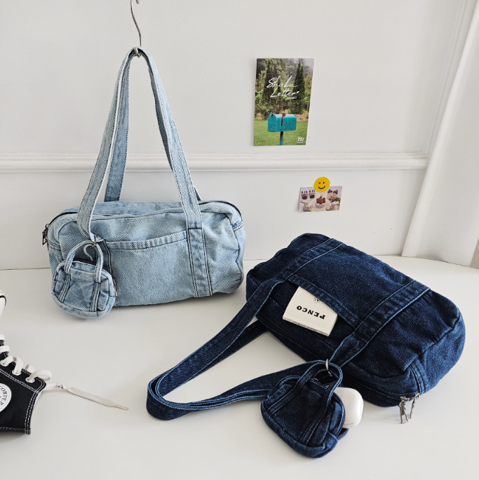 デニムジップアップポケットライトブルーディープブルートートバッグポーチ付 | 詳細画像23