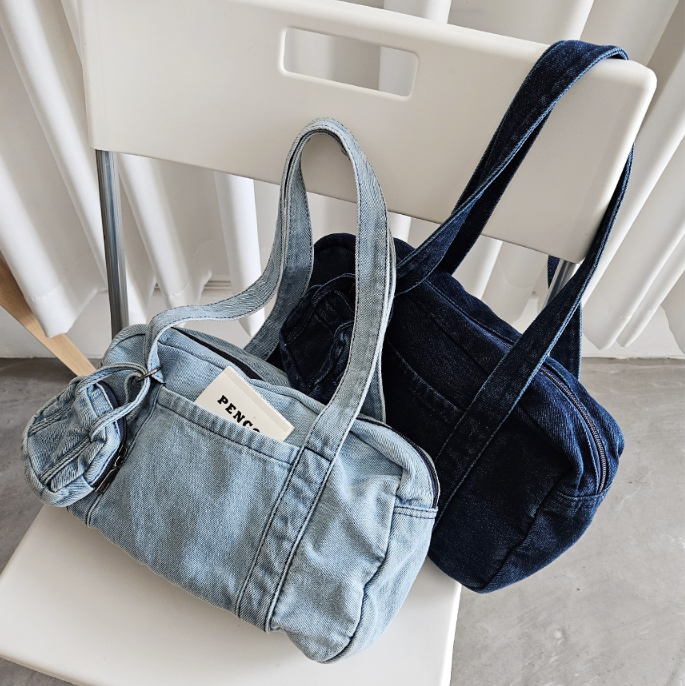 デニムジップアップポケットライトブルーディープブルートートバッグポーチ付 | 詳細画像4