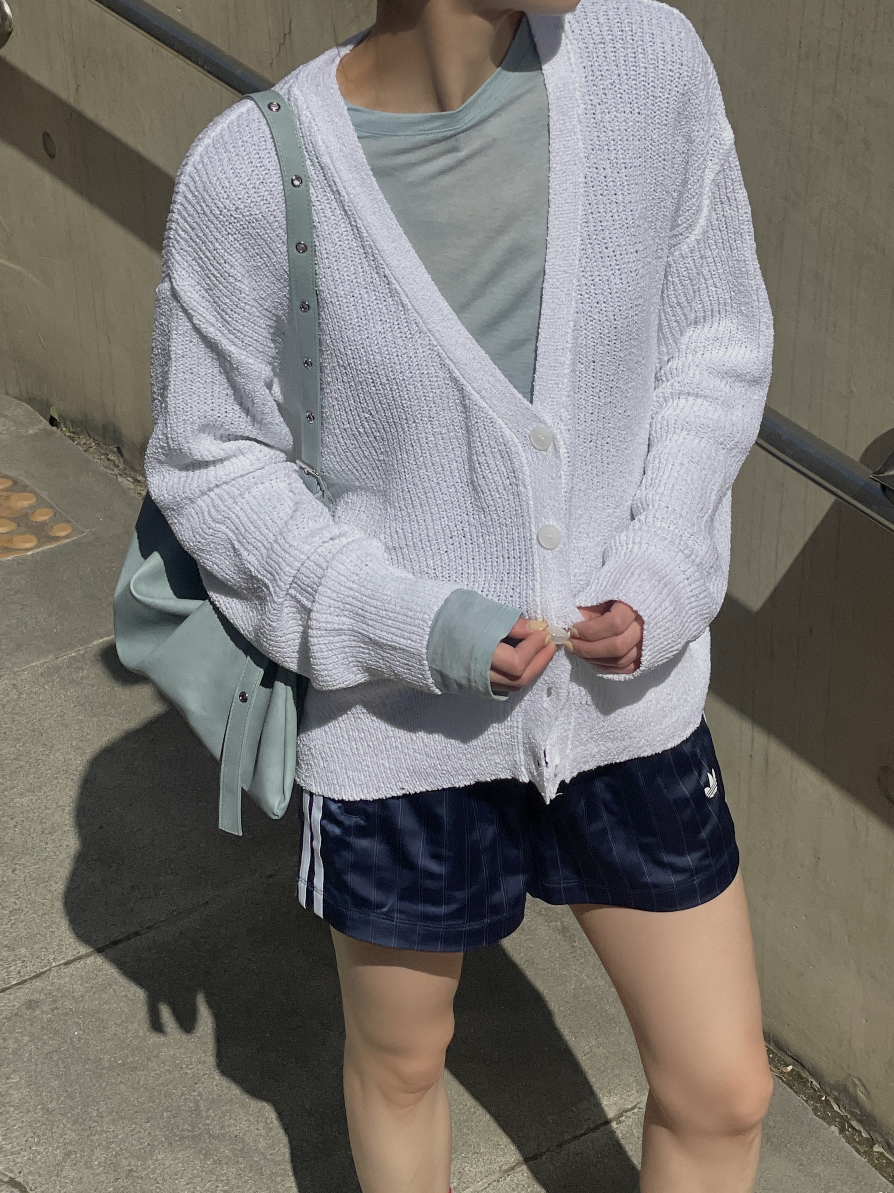 リブアクリルボタンVネックルーズ長袖ドロップショルダー無地カーディガン | 詳細画像6