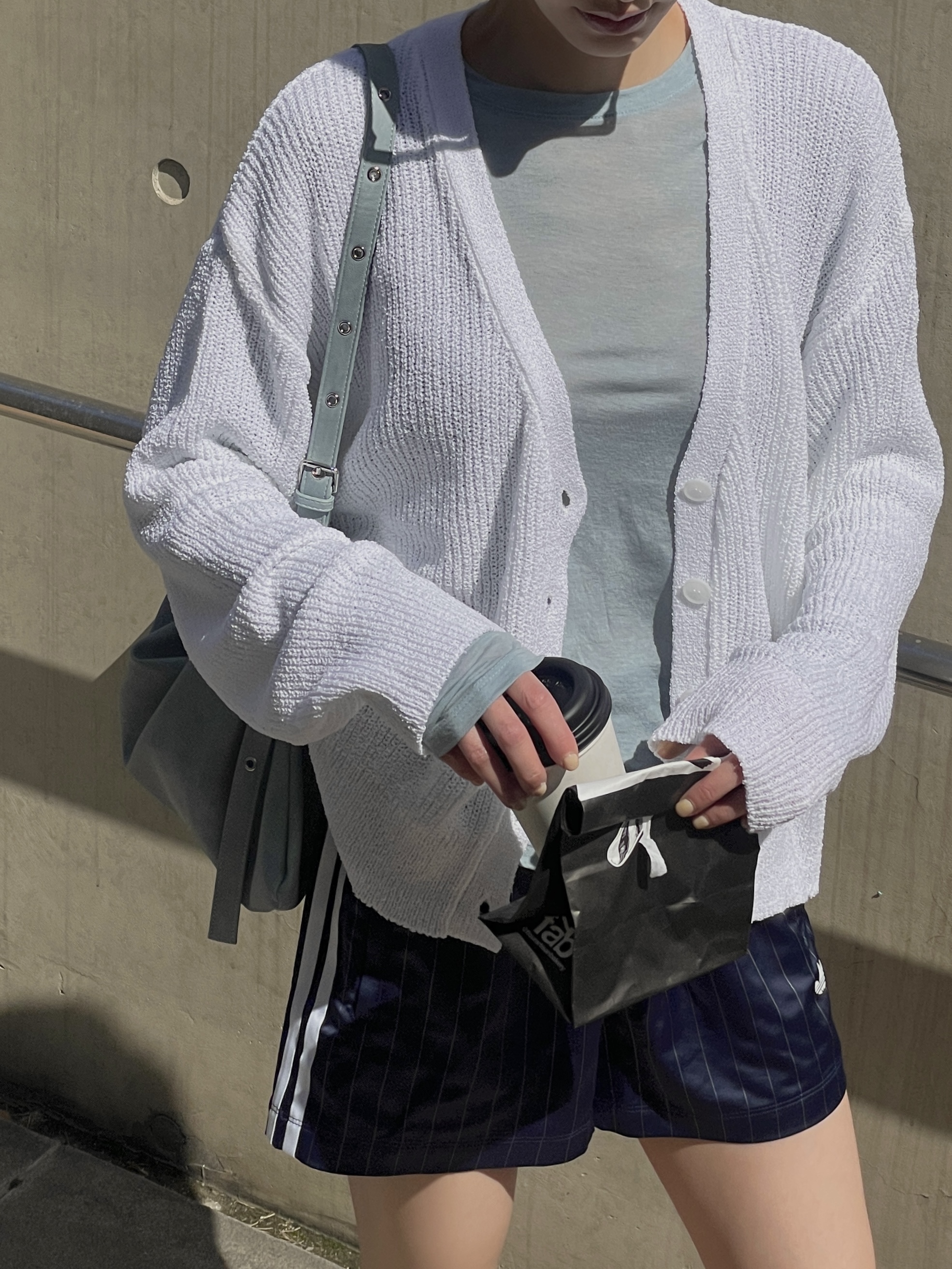 リブアクリルボタンVネックルーズ長袖ドロップショルダー無地カーディガン | 詳細画像7