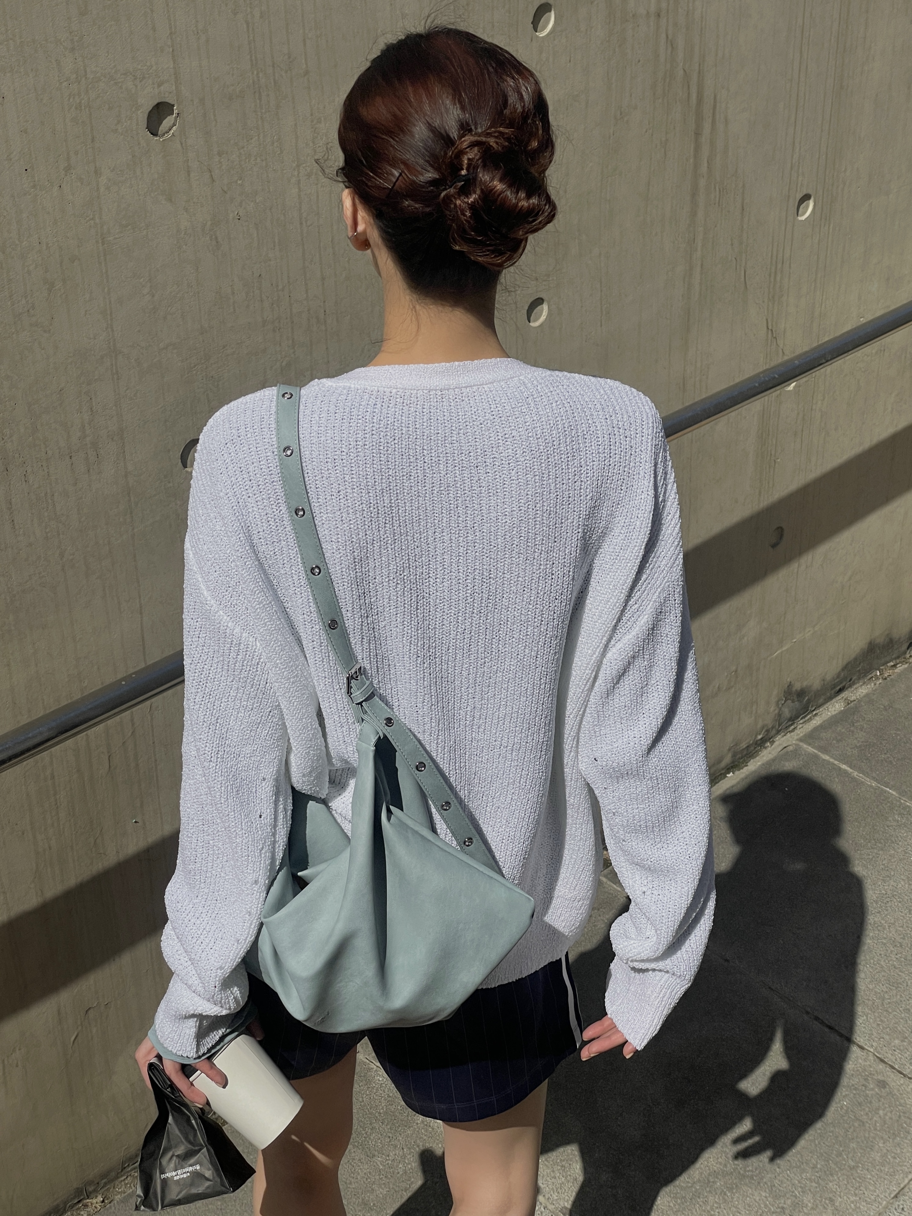 リブアクリルボタンVネックルーズ長袖ドロップショルダー無地カーディガン | 詳細画像8