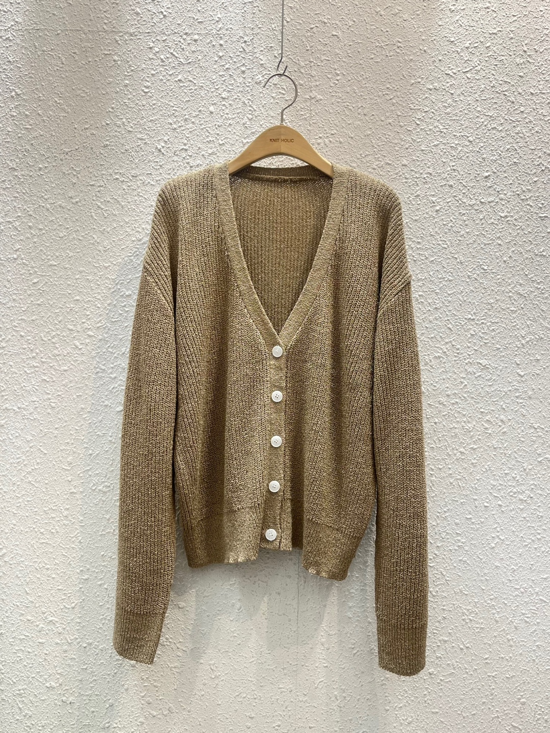 リブアクリルボタンVネックルーズ長袖ドロップショルダー無地カーディガン | 詳細画像12