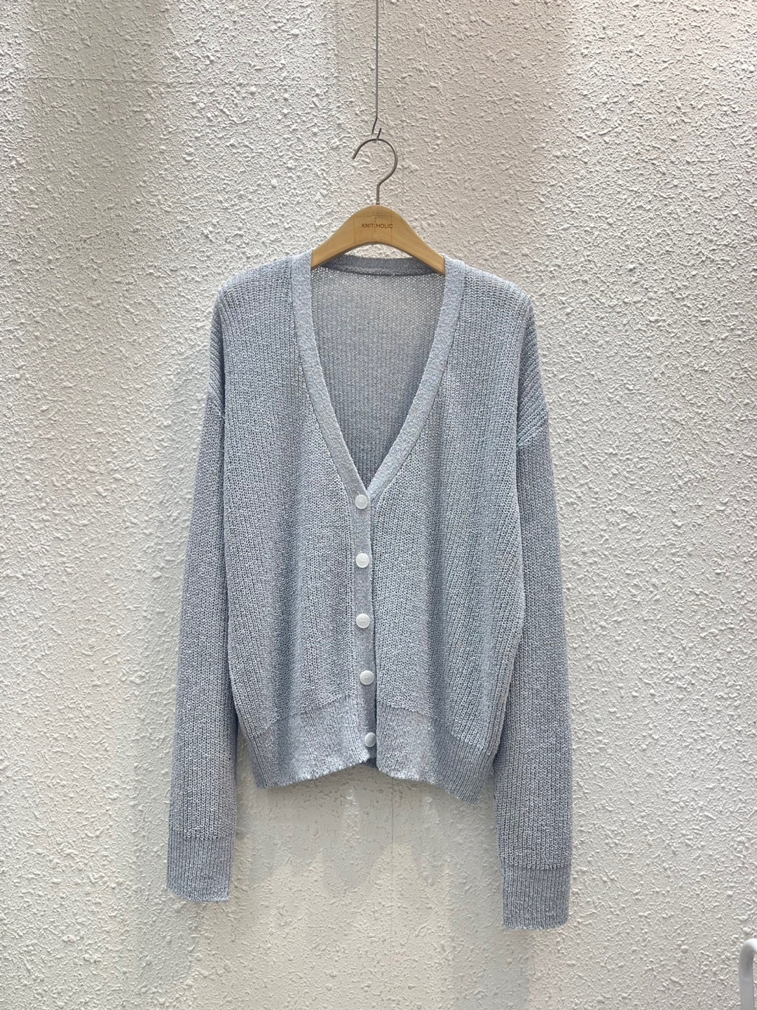 リブアクリルボタンVネックルーズ長袖ドロップショルダー無地カーディガン | 詳細画像13