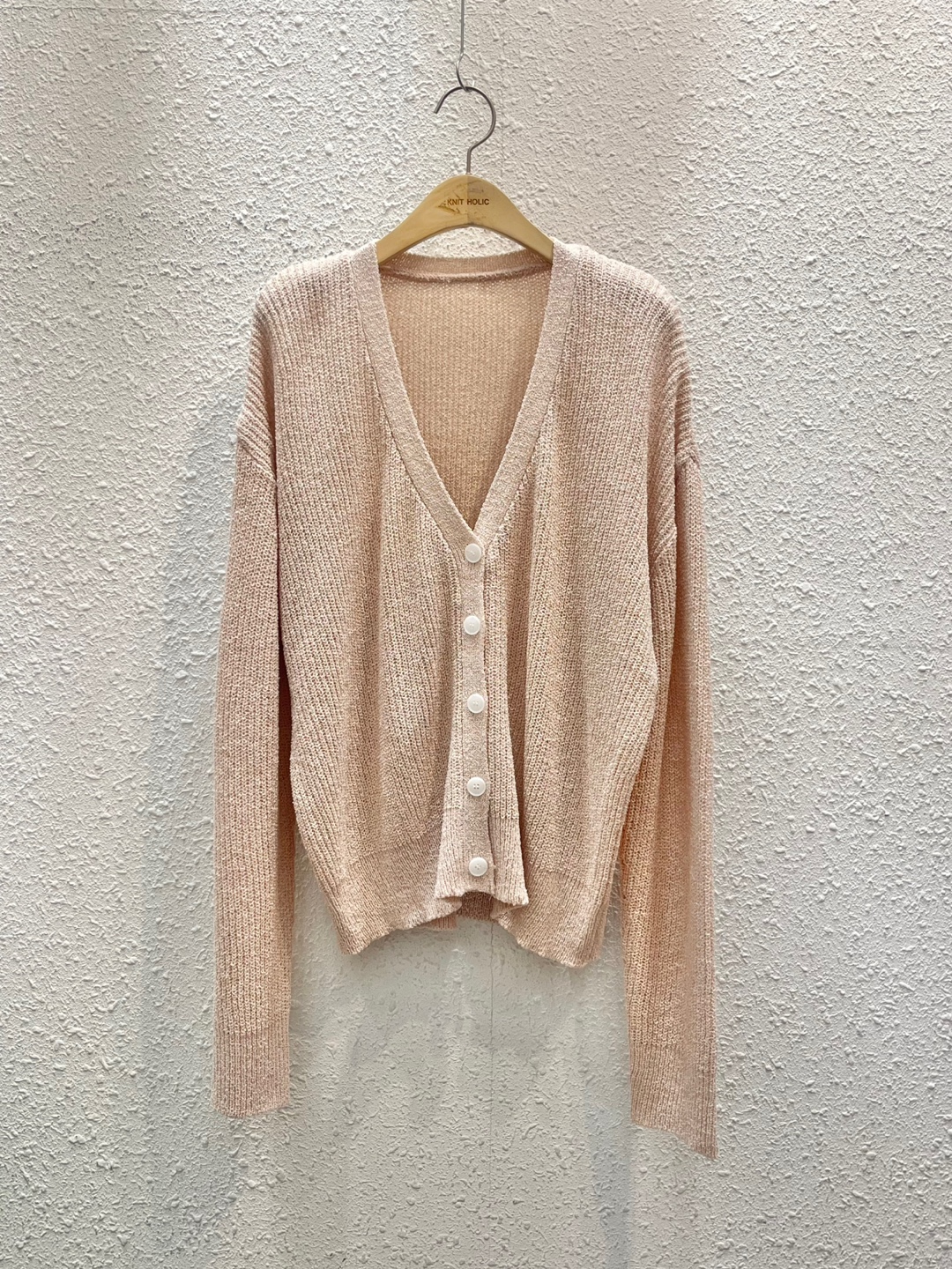 リブアクリルボタンVネックルーズ長袖ドロップショルダー無地カーディガン | 詳細画像14