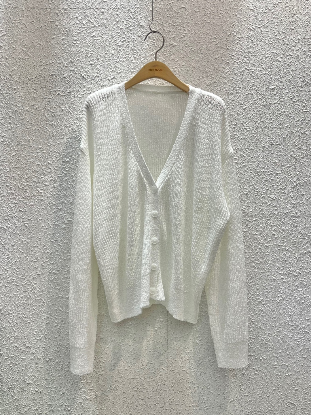 リブアクリルボタンVネックルーズ長袖ドロップショルダー無地カーディガン | 詳細画像15