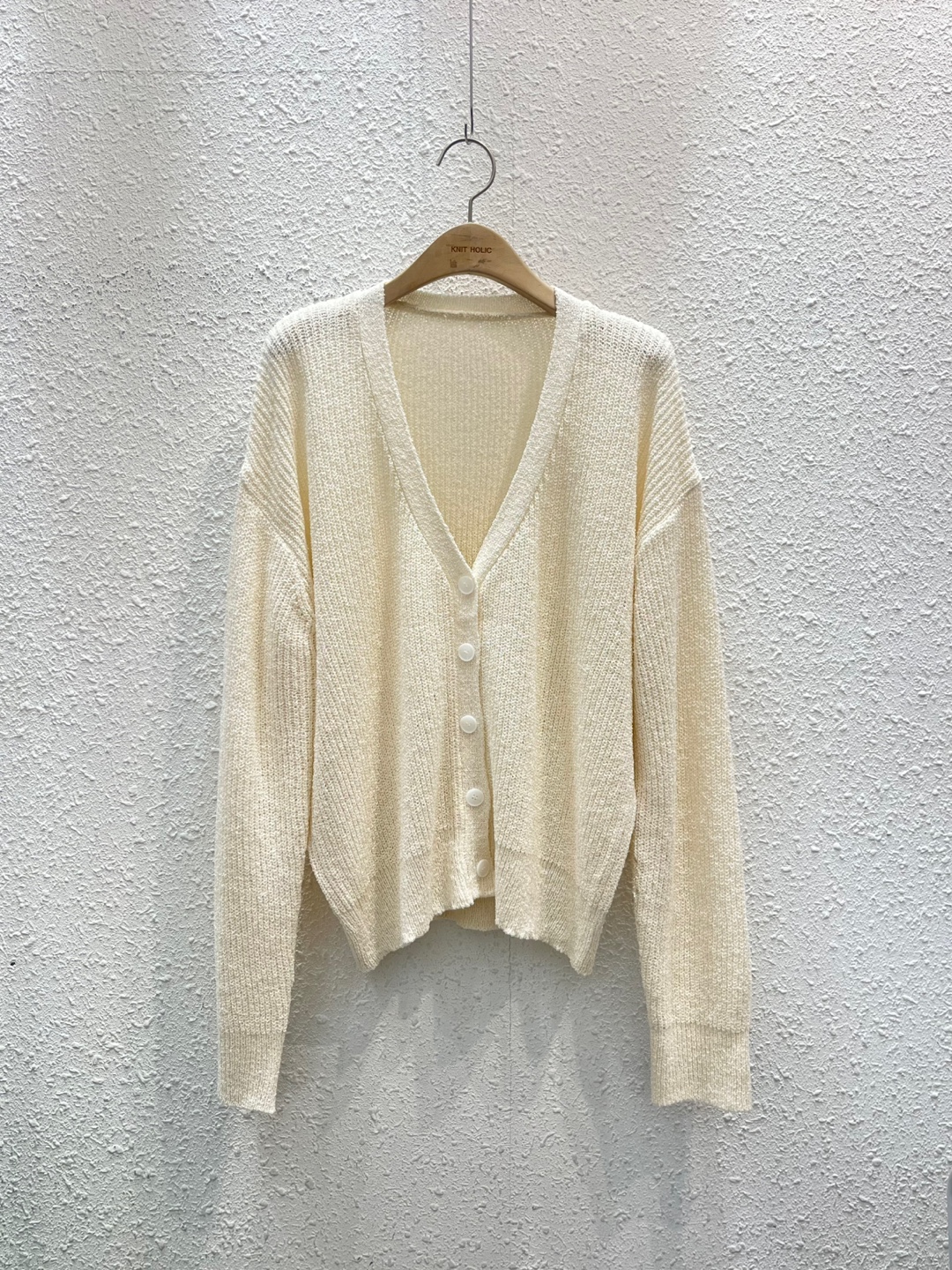 リブアクリルボタンVネックルーズ長袖ドロップショルダー無地カーディガン | 詳細画像16