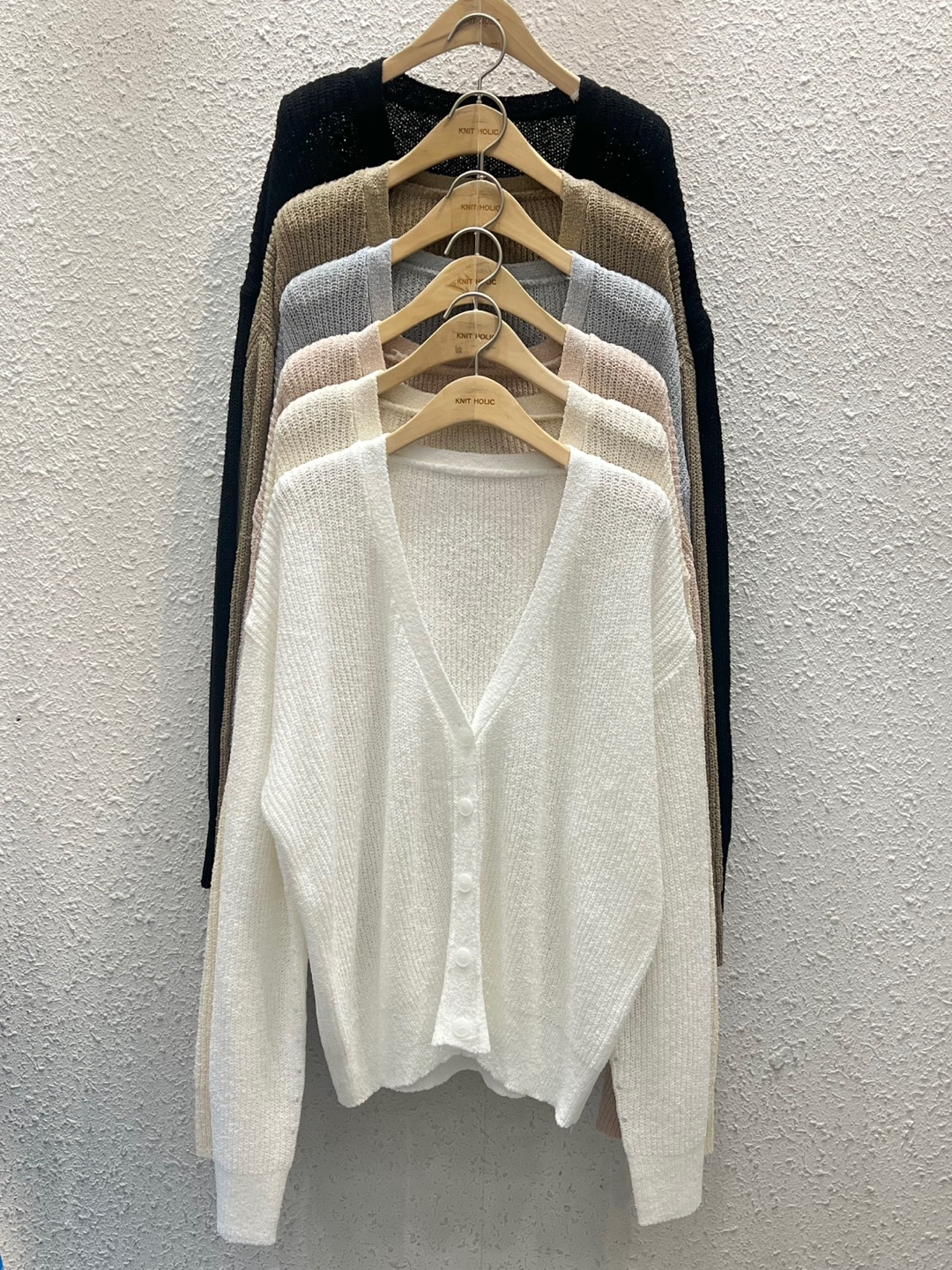 リブアクリルボタンVネックルーズ長袖ドロップショルダー無地カーディガン | 詳細画像18