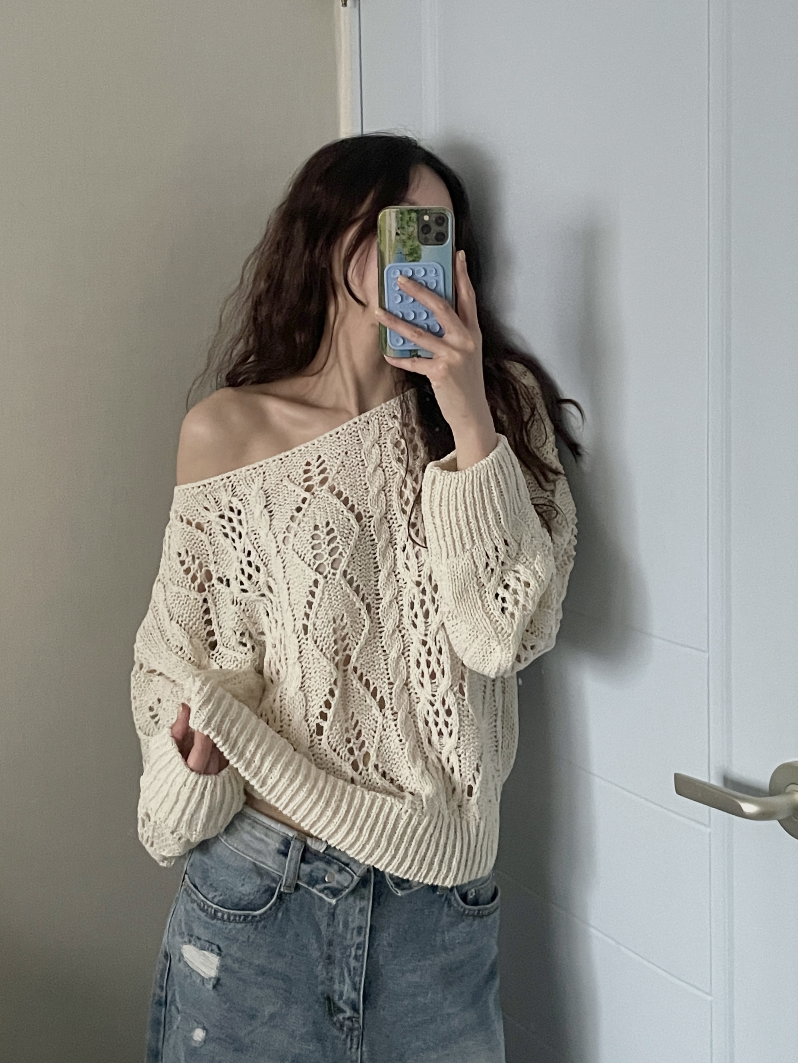 アクリルボートネックルーズ長袖ドロップショルダークロシェニット | 詳細画像2