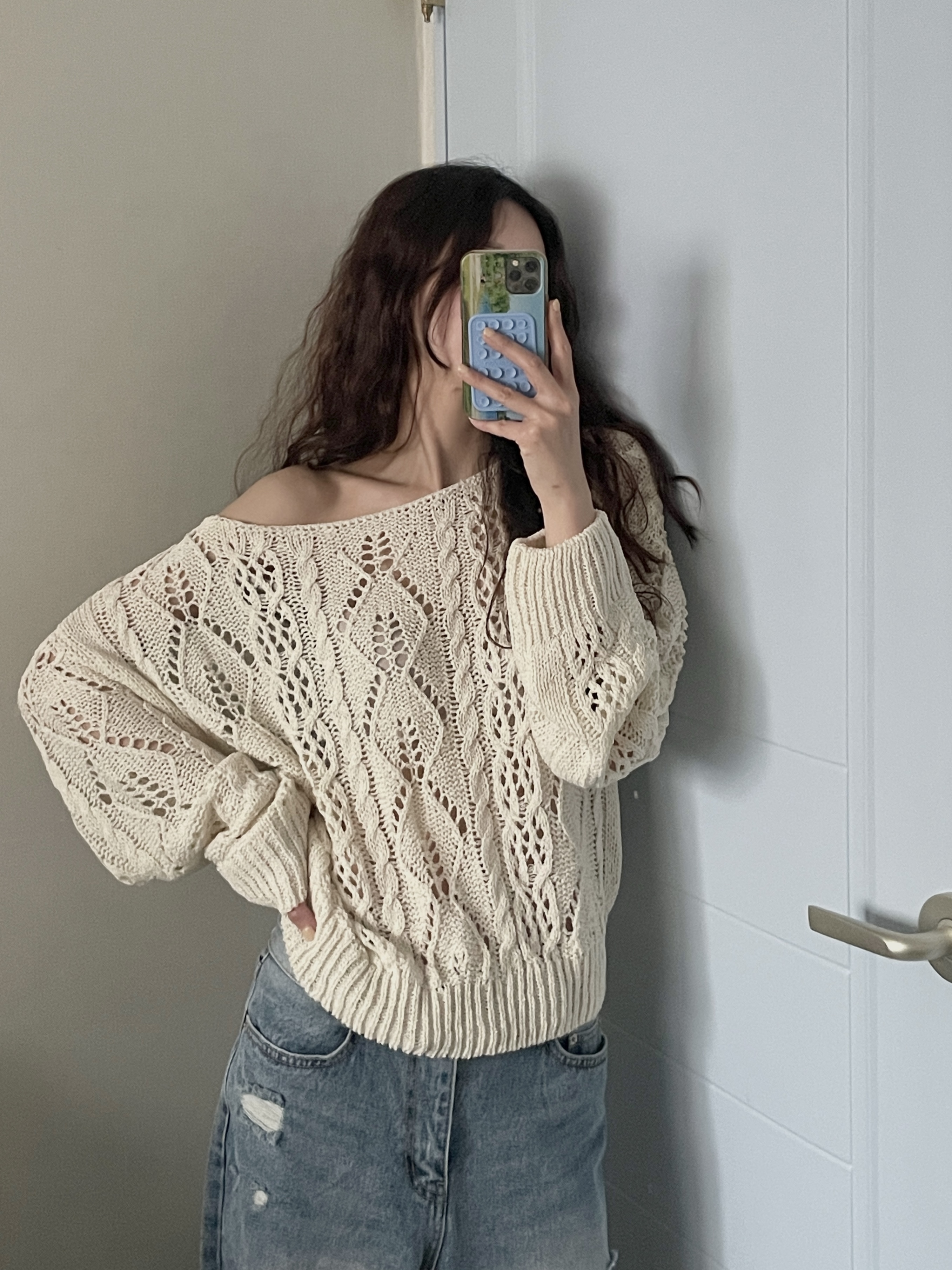 アクリルボートネックルーズ長袖ドロップショルダークロシェニット | 詳細画像3