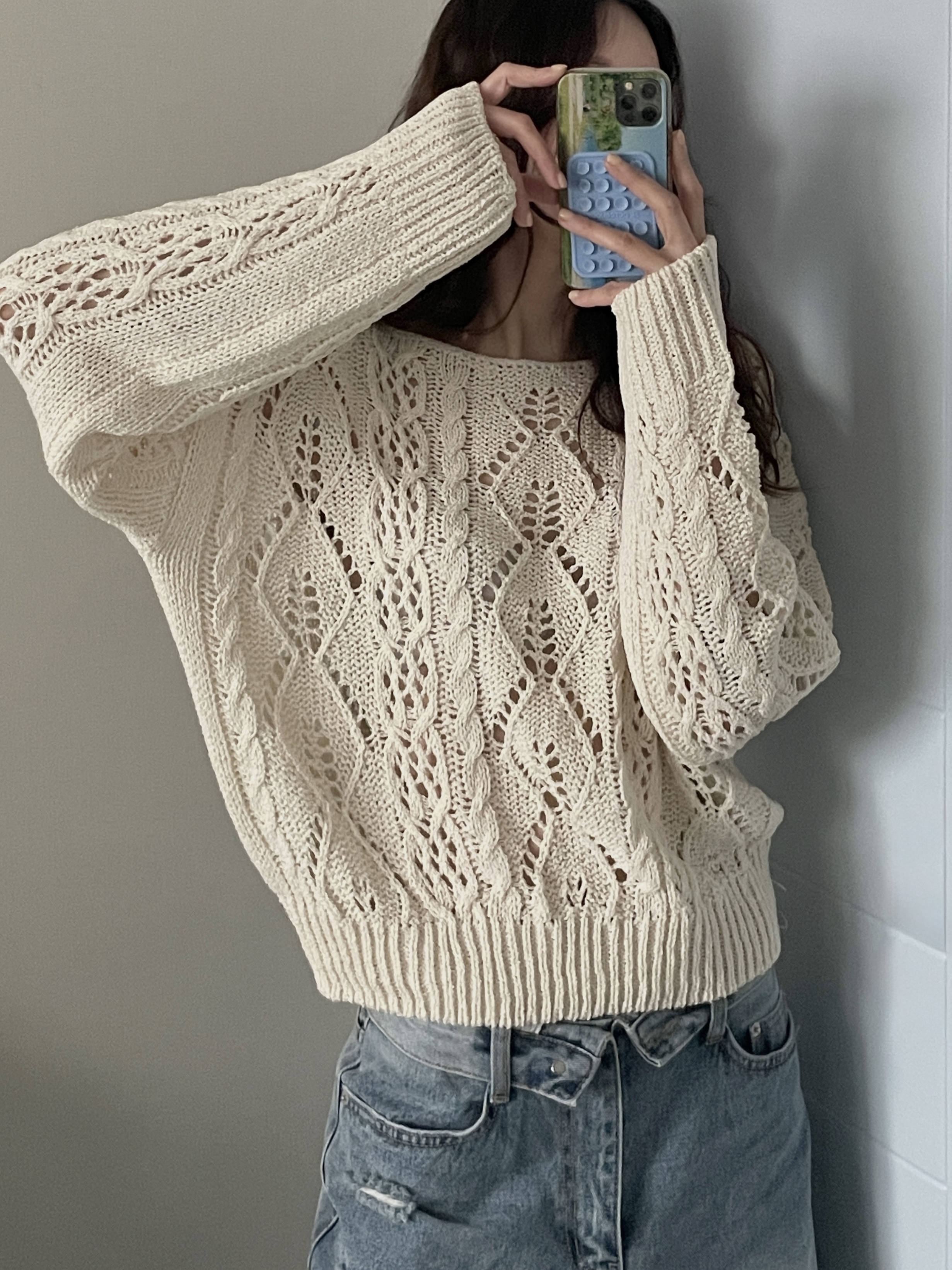 アクリルボートネックルーズ長袖ドロップショルダークロシェニット | 詳細画像5