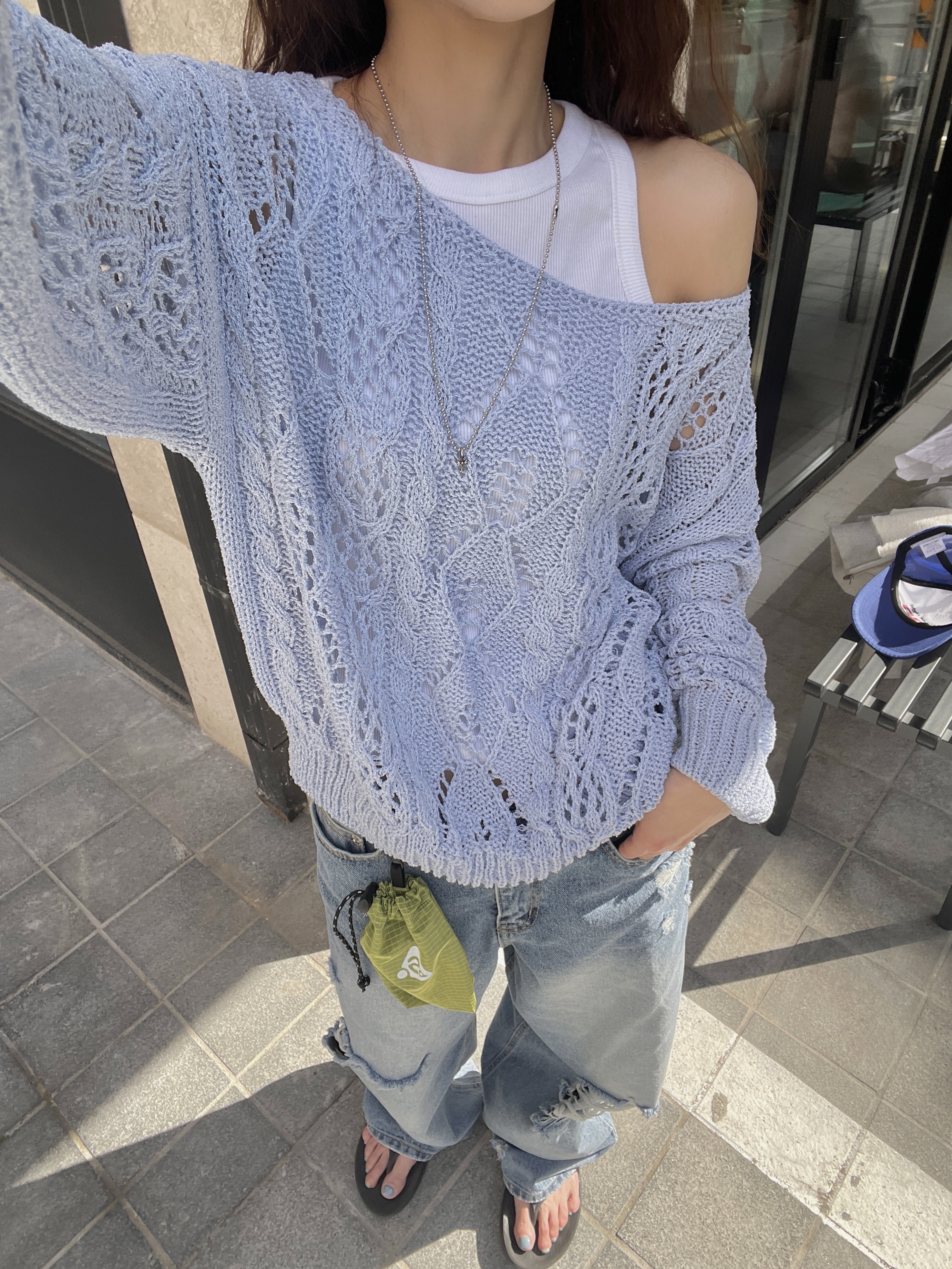 アクリルボートネックルーズ長袖ドロップショルダークロシェニット | 詳細画像9